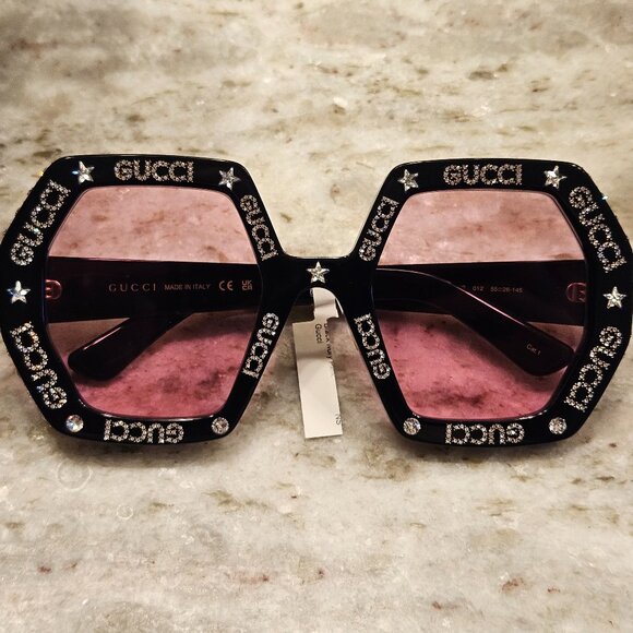 RARE HOLLYWOOD FOREVER GUCCI BLACK CRYSTAL ITALY GEOMETRIC OVERSIZED SUNGLASSES - Picture 1 of 8